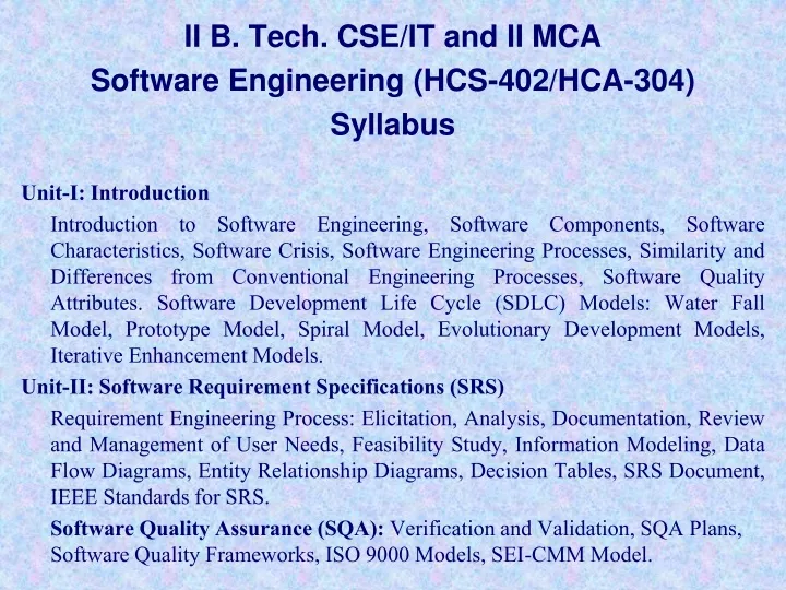 ii b tech cse it and ii mca software engineering