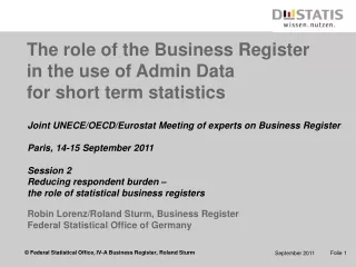 The role of the Business Register  in the use of Admin Data  for short term statistics