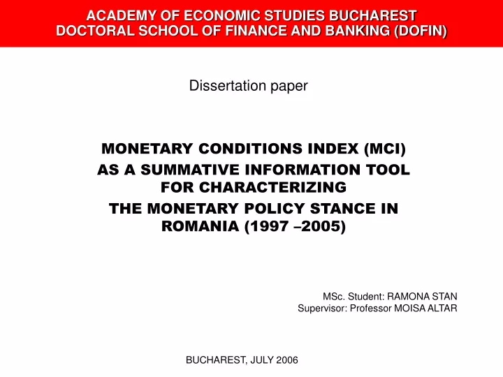 academy of economic studies bucharest doctoral school of finance and banking dofin