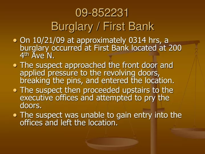 09 852231 burglary first bank