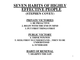 SEVEN HABITS OF HIGHLY EFFECTIVE PEOPLE (STEPHEN COVEY) PRIVATE VICTORIES 1. BE PROACTIVE