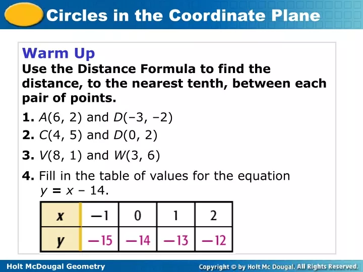 warm up use the distance formula to find