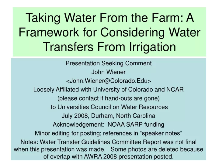 taking water from the farm a framework for considering water transfers from irrigation