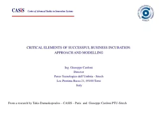 CRITICAL ELEMENTS OF SUCCESSFUL BUSINESS INCUBATION:  APPROACH AND MODELLING Ing. Giuseppe Cardoni