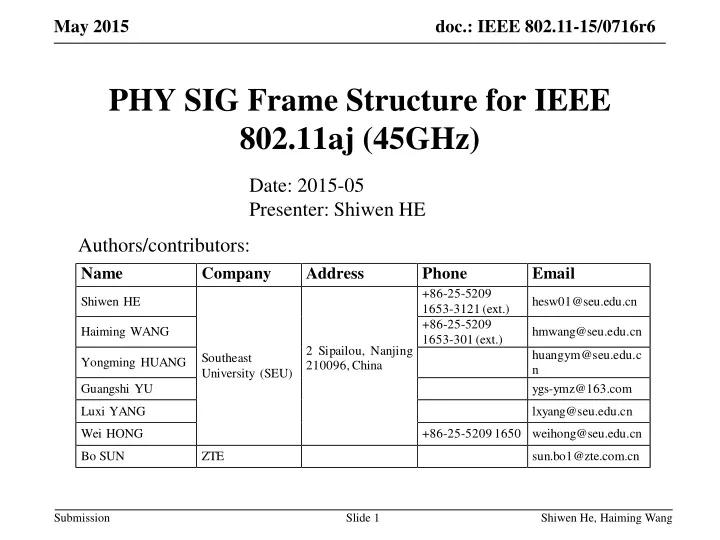 phy sig frame structure for ieee 802 11aj 45ghz