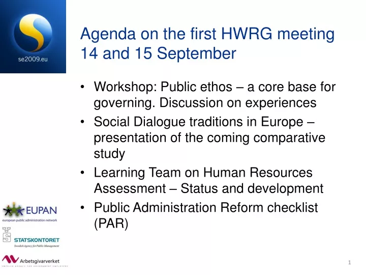 agenda on the first hwrg meeting 14 and 15 september