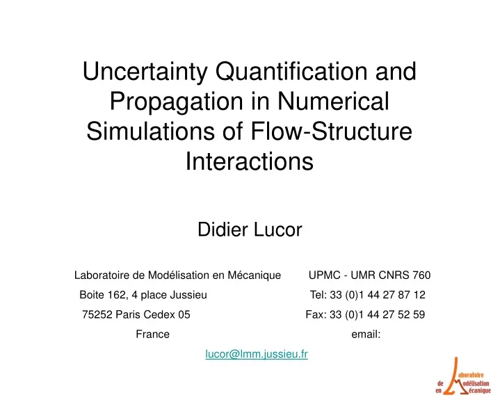 uncertainty quantification and propagation in numerical simulations of flow structure interactions