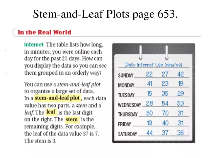stem and leaf plots page 653