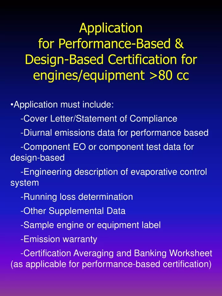 application for performance based design based certification for engines equipment 80 cc