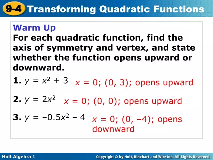 warm up for each quadratic function find the axis