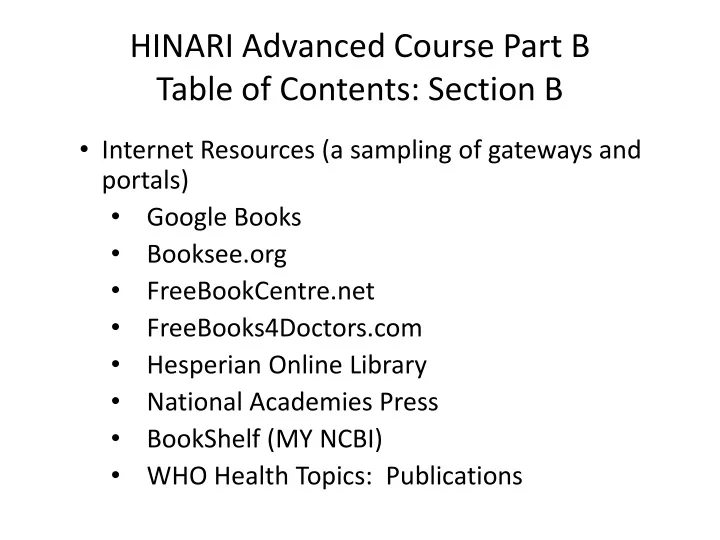 hinari advanced course part b table of contents section b