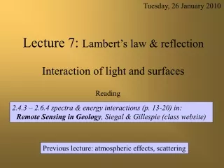 Lecture 7:  Lambert’s law &amp; reflection Interaction of light and surfaces