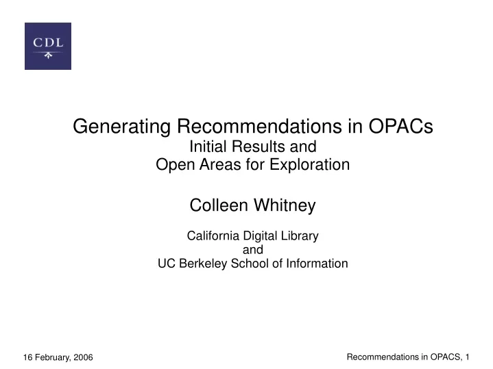 generating recommendations in opacs initial