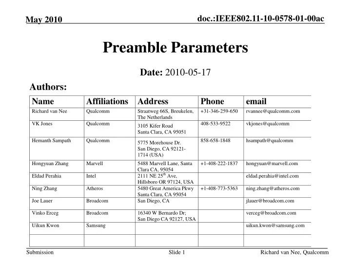 preamble parameters