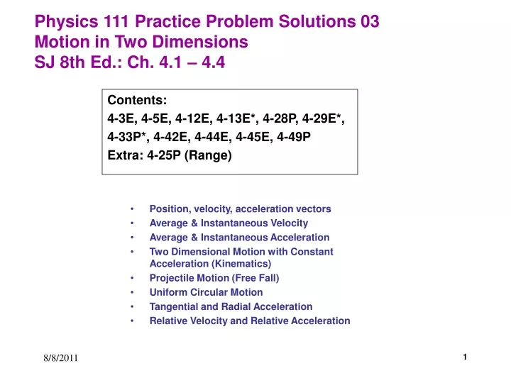 physics 111 practice problem solutions 03 motion in two dimensions sj 8th ed ch 4 1 4 4