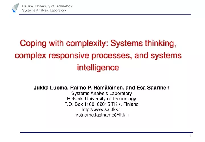 coping with complexity systems thinking complex responsive processes and systems intelligence