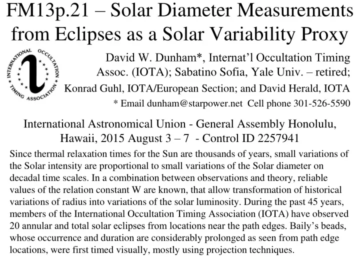 fm13p 21 solar diameter measurements from eclipses as a solar variability proxy