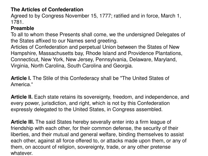 the articles of confederation agreed