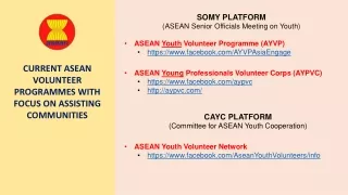CURRENT ASEAN  VOLUNTEER PROGRAMMES WITH FOCUS ON ASSISTING COMMUNITIES