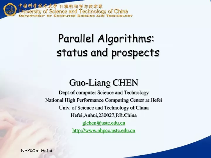 parallel algorithms status and prospects