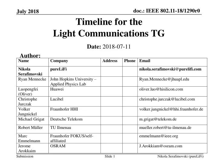 timeline for the light communications tg