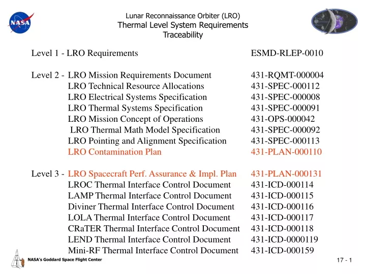 lunar reconnaissance orbiter lro thermal level system requirements traceability