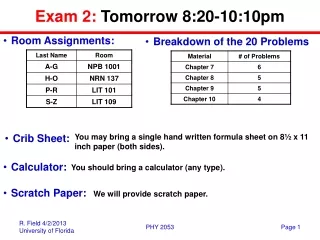 Exam 2:  Tomorrow 8:20-10:10pm