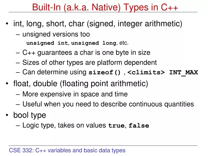 built in a k a native types in c