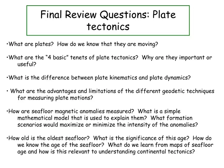 final review questions plate tectonics
