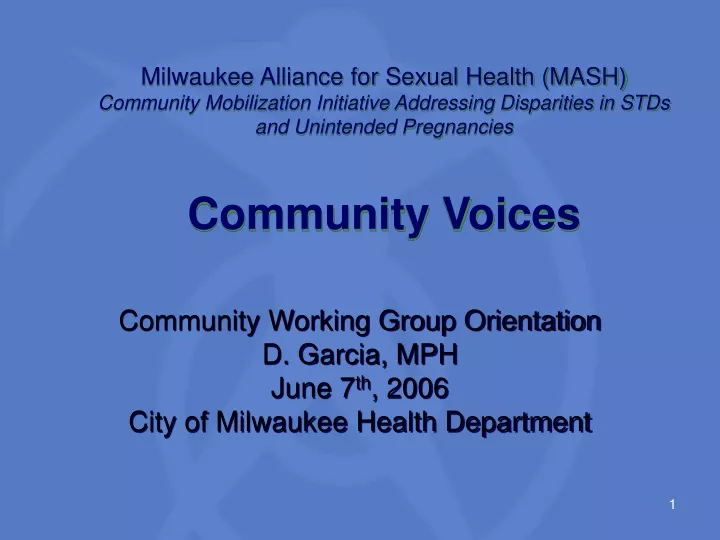 community working group orientation d garcia mph june 7 th 2006 city of milwaukee health department