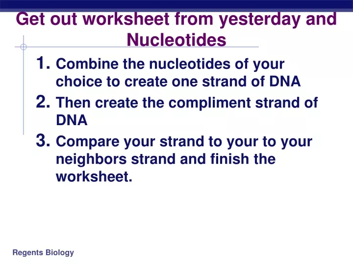 get out worksheet from yesterday and nucleotides
