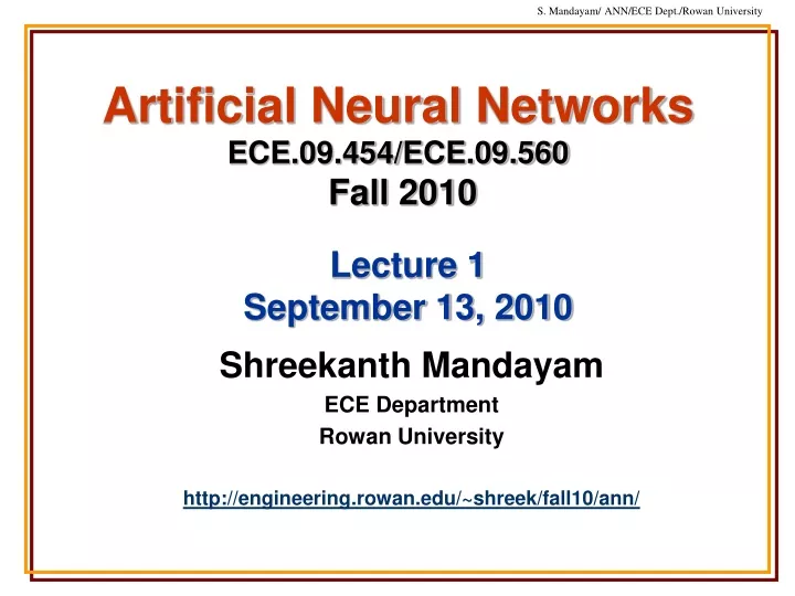 artificial neural networks ece 09 454 ece 09 560 fall 2010