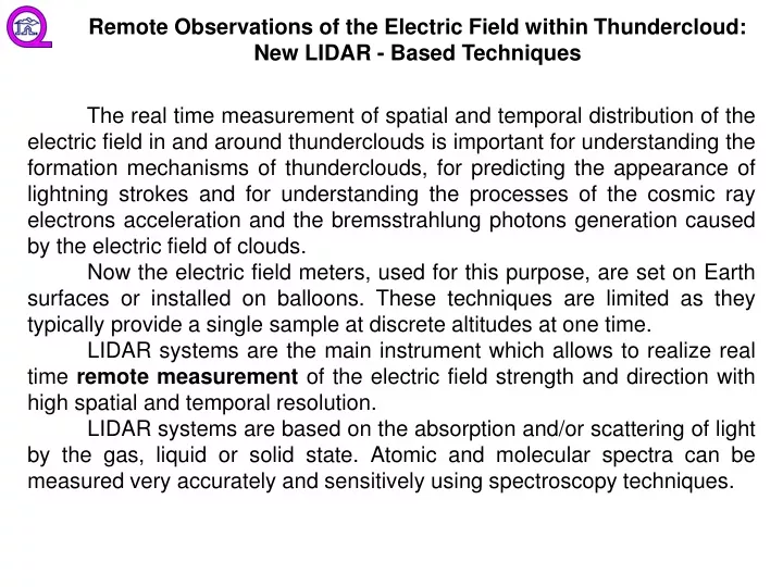 remote observations of the electric field within thundercloud new lidar based techniques