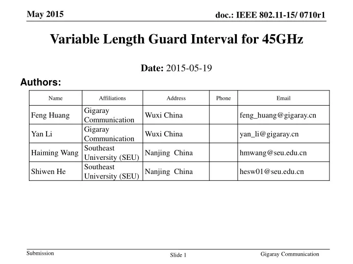 variable length guard interval for 45 ghz