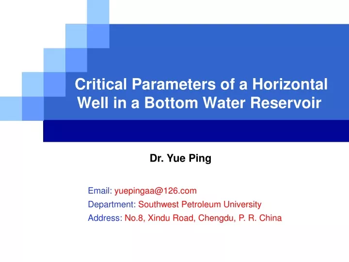 critical parameters of a horizontal well in a bottom water reservoir