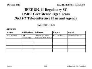 IEEE 802.11 Regulatory SC DSRC Coexistence Tiger Team DRAFT  Teleconference Plan and Agenda
