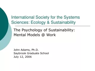 International Society for the Systems Sciences: Ecology &amp; Sustainability