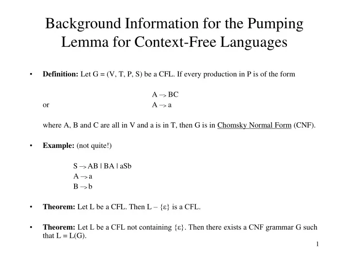 background information for the pumping lemma for context free languages