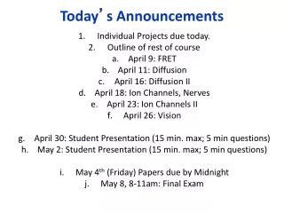 Individual Projects due today. Outline of rest of course April 9: FRET April 11: Diffusion