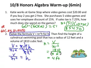 10/8 Honors Algebra Warm-up (6min)