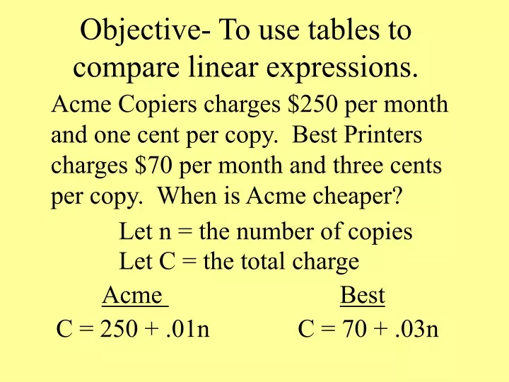 objective to use tables to compare linear expressions