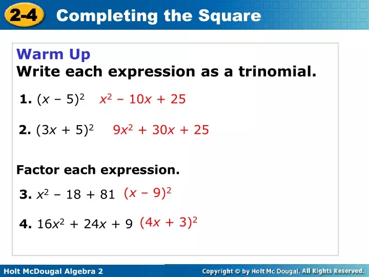 warm up write each expression as a trinomial