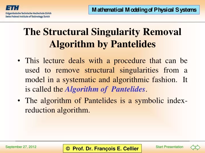 the structural singularity removal algorithm by pantelides