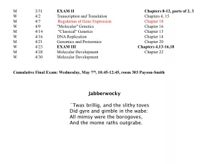 M	3/31	 EXAM II				Chapters 8-12, parts of 2, 3