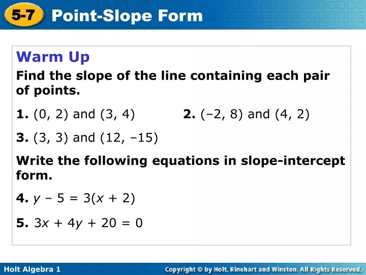 warm up find the slope of the line containing