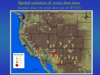 Spatial variation of worst dust days (number shows the mean dust conc for WDD)