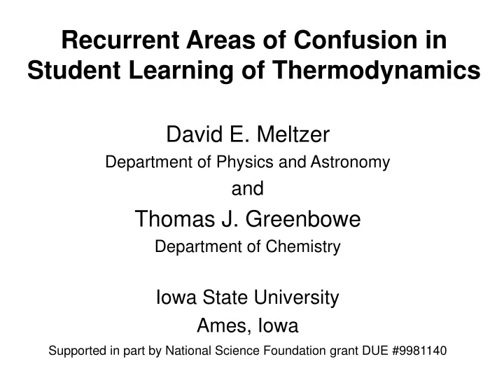 recurrent areas of confusion in student learning of thermodynamics
