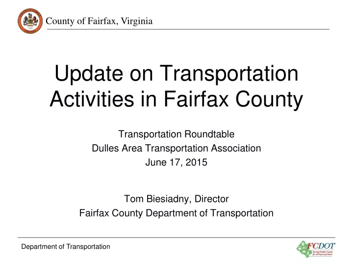 update on transportation activities in fairfax county