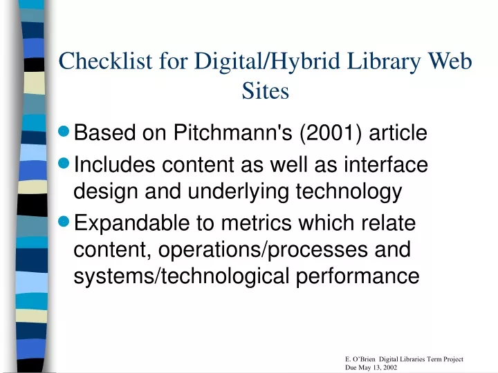 checklist for digital hybrid library web sites