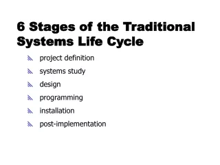 6 Stages of the Traditional Systems Life Cycle   project definition    systems study    design